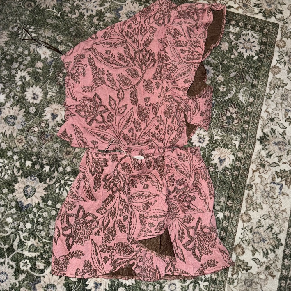 Zara Jacquard pink and brown skirt set